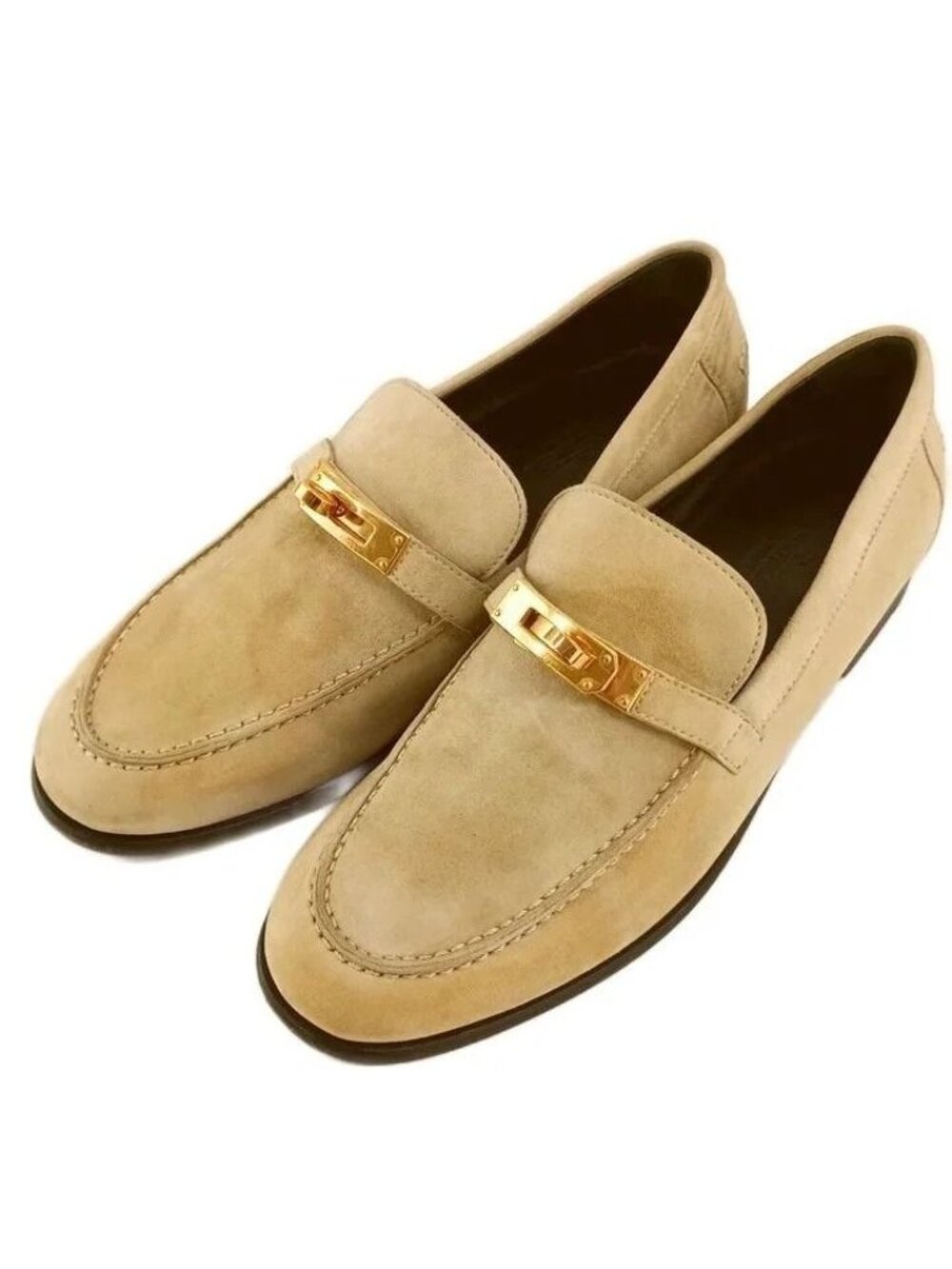 Hermes Destin Loafers Moccasins Goatskin Suede Kelly Buckle Gold Beige